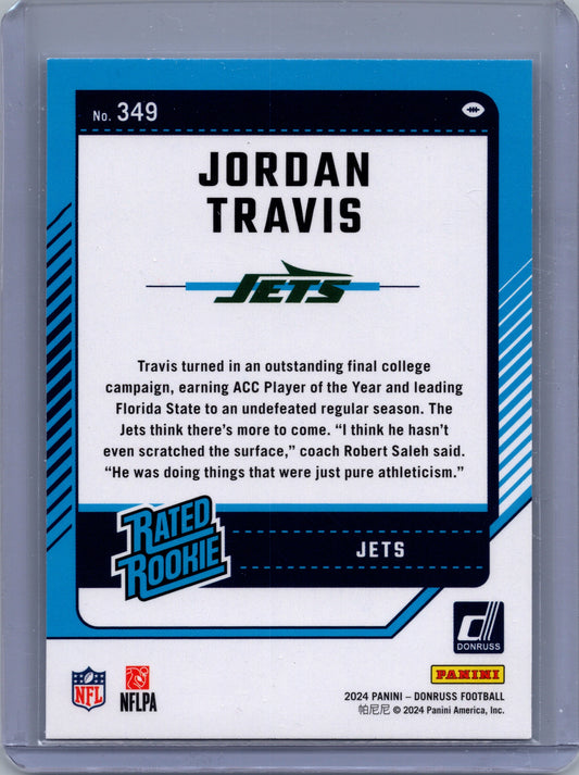 Jordan Travis 2024 Donruss #349 Rated Rookie Base RC Jets , NM or Better !!