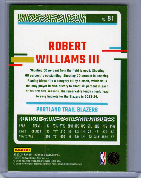 2023-24 Panini Donruss Basketball #81 Robert Williams III Green Laser Holo Portland Trail Blazers