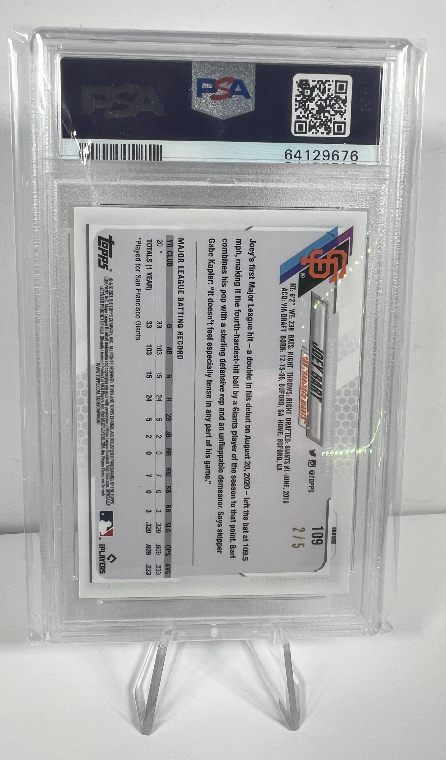 2021 Topps Chrome Joey Bart Red Wave Refractor Image Variation 2 / 5 PSA 10