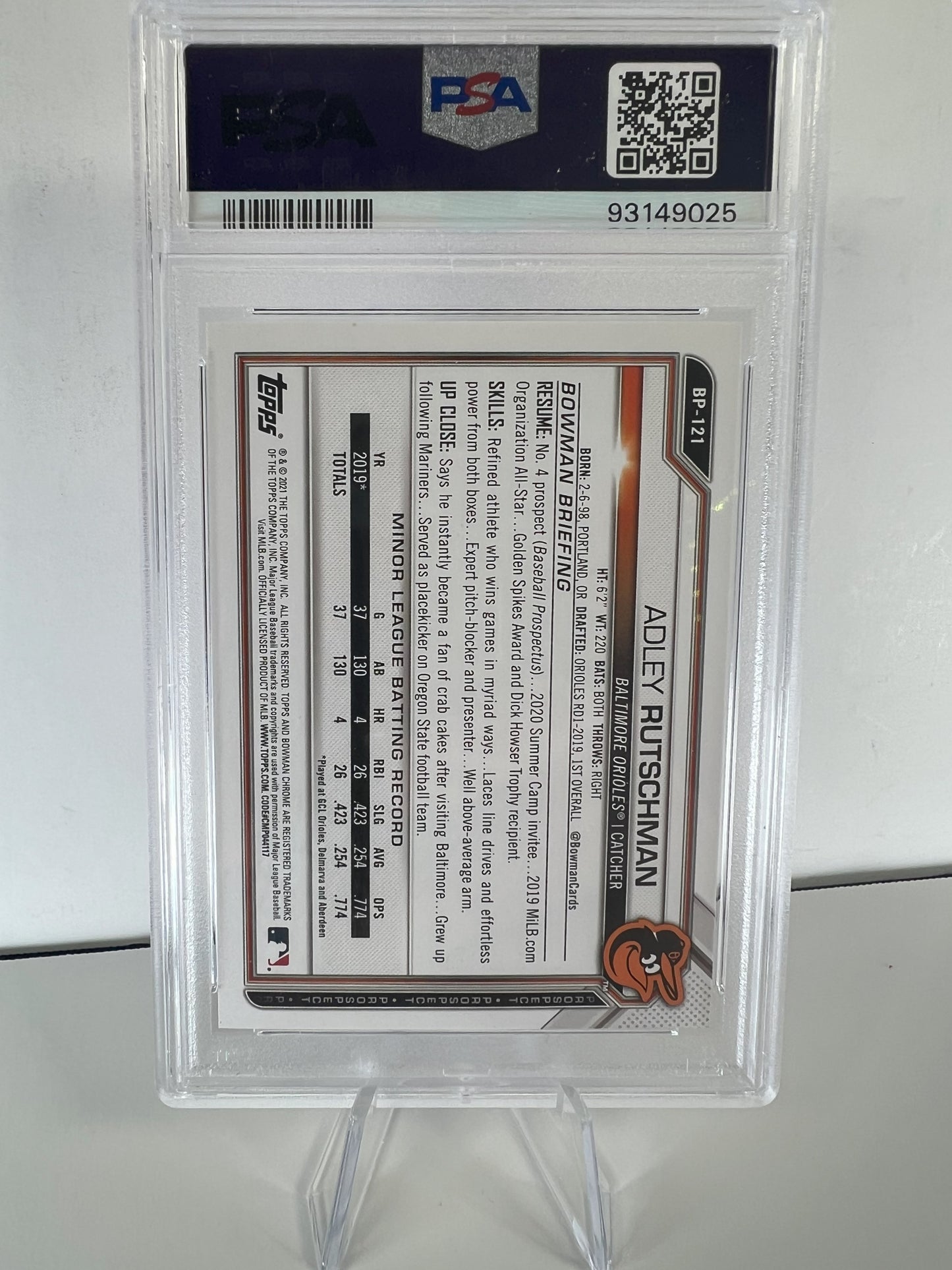 2021 Bowman Chrome Prospects Fuchsia Refractor Adley Rutschman PSA 9 #093/299